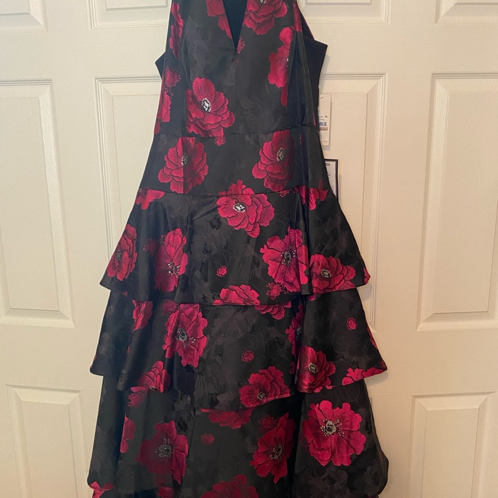 Floral Tiered Black, Raspberry Pink and silver accent Dress